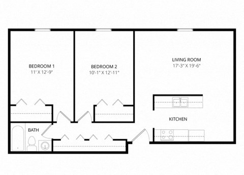 Floor plan for 2 beds, 1 bath, 805 sqft